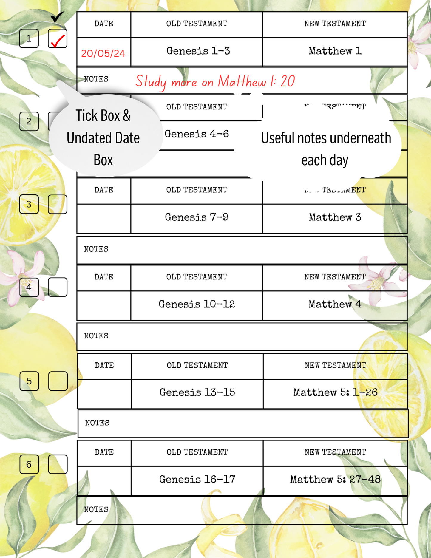 Bible Reading Plan, 365 Day Bible Plan, Digital Bible Plan, Printable Bible Reading Plan, Read the Bible In A Year, and Bible Study Lemon Fruit