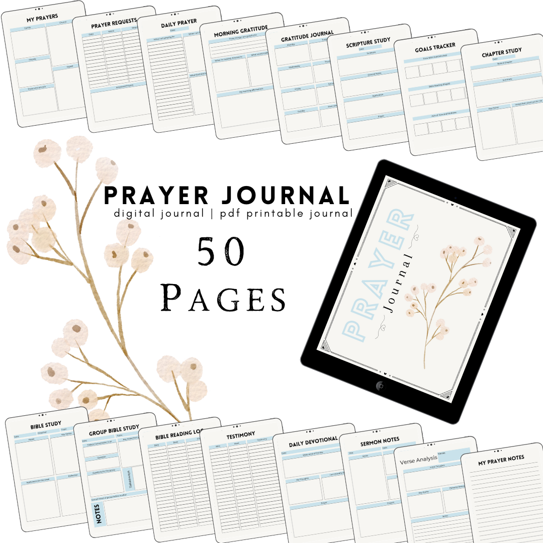 Prayer Journal Printable, Cotton Blue Flower Floral Prayer Journal, A Gratitude Journal Ideal for Christians as a Daily Prayer Planner, Prayer Notebook, or Digital Gratitude Journal